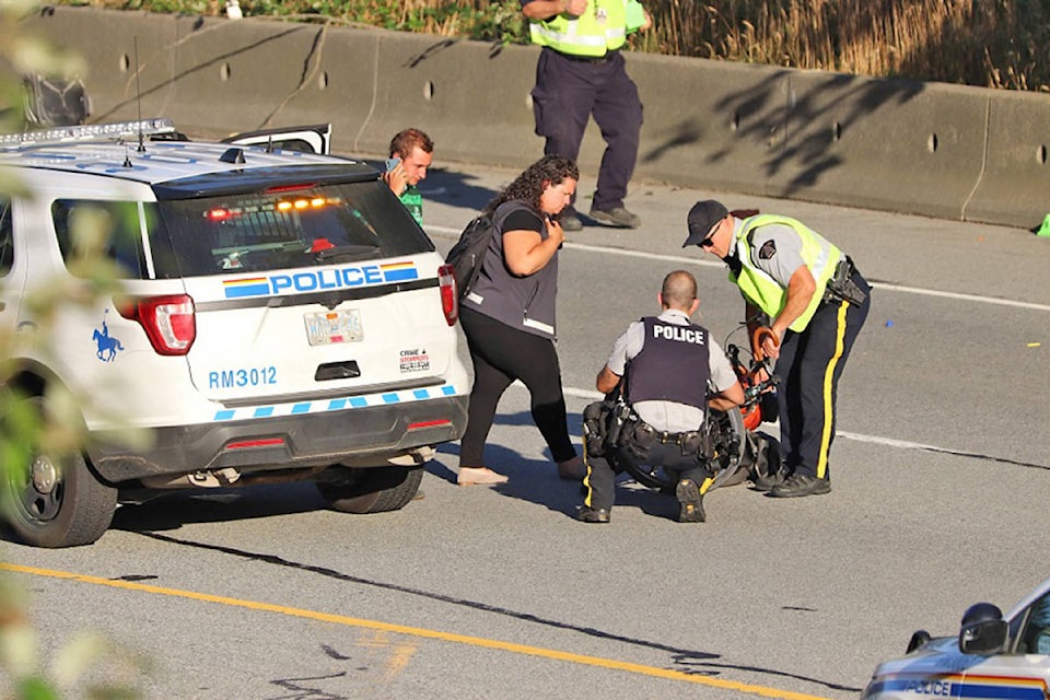 A 23-year-old woman was killed after being struck and knocked off her bicycle by a grey Ford pickup truck in Maple Ridge on Monday, July 20, 2020. The driver of the pickup remained on scene. (Shane MacKichan/Special to The News)
