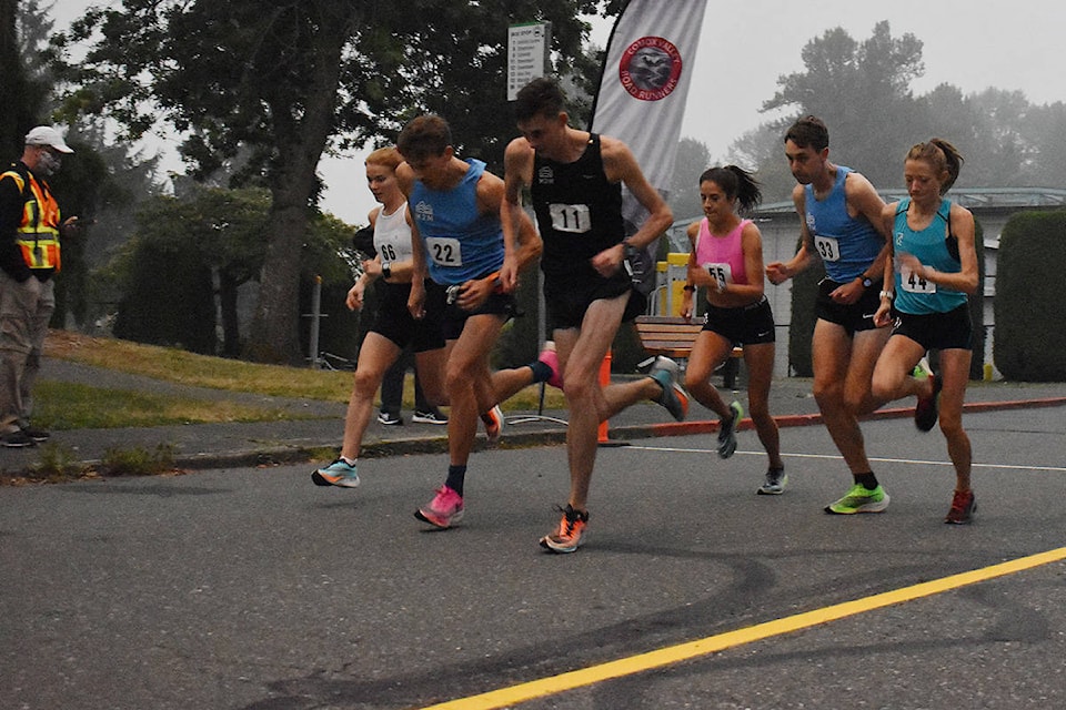 Six members of the BC Endurance Project start the Comox Valley half-marathon course, in an effort to qualify for the Half Marathon World Championships in Poland in October. Photo by Terry Farrell