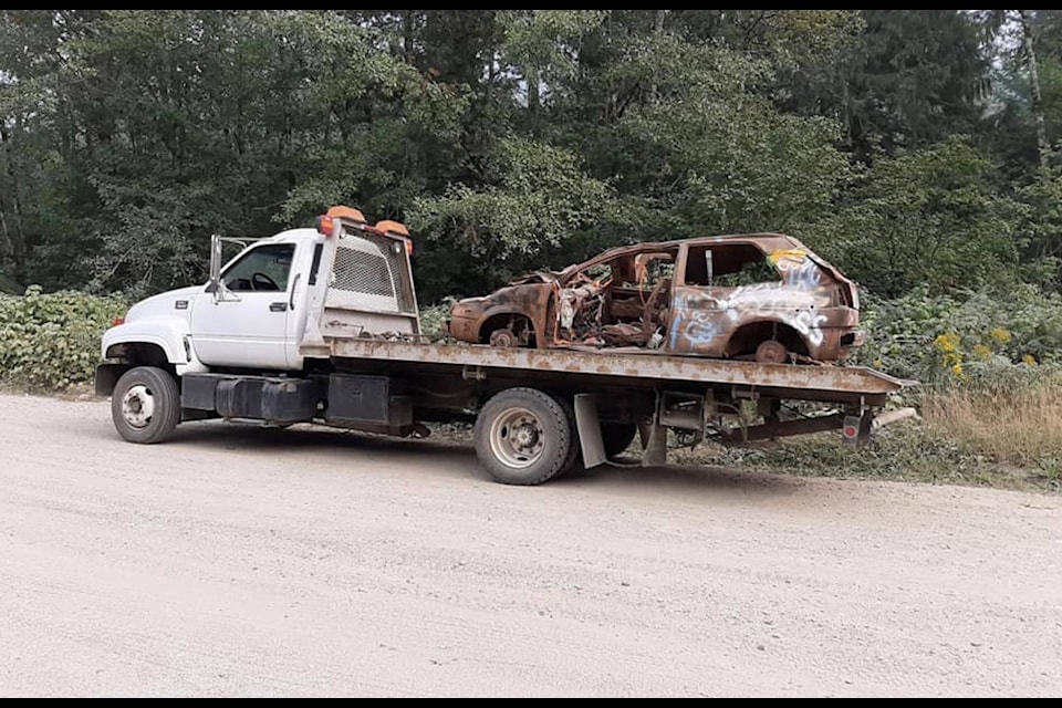 This burned-out car is one of many bits of garbage left behind at Silver Creek outside of Harrison Hot Springs. (Contributed Photos/The Four Wheel Drive Association of B.C.)