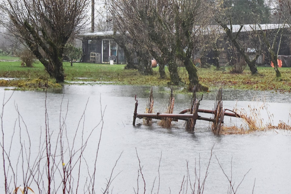 Old farm equipment lies partially submerged at a property in Harrison Mills. (Grace Kennedy/The Observer)