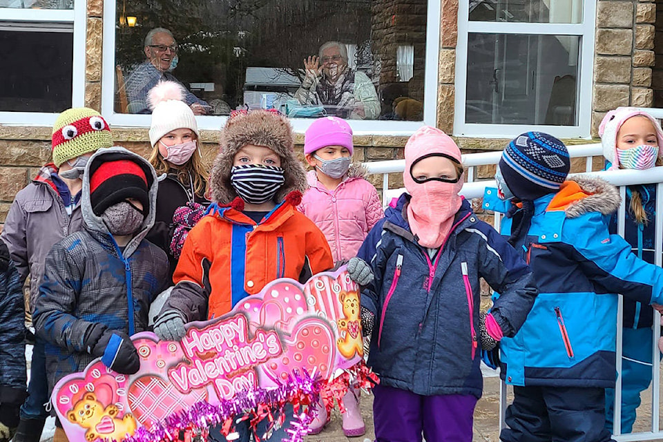 Students in Kindergarten through Grade 3 at Agassiz Christian School headed to Glenwood Seniors Community to deliver Valentine’s cards on Monday, Feb. 8. (Contributed)
