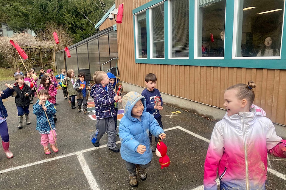 Harrison Hot Springs kindergarten students celebrated the Lunar New Year on Friday, Feb. 19 with a parade around their elementary school. (Dustin Neufeld/Contributed)