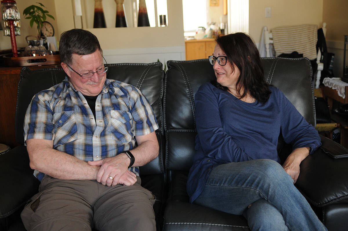 Lisa Ellis chokes back tears as she speaks about her cousin Brian Nimmo on March 9, 2021 before their surgery. On March 12, Nimmo donated one of his kidneys to Ellis. (Jenna Hauck/ Chilliwack Progress)
