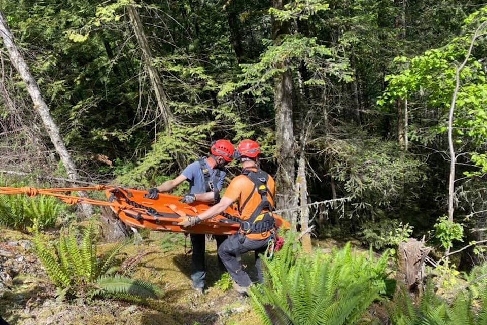 A vehicle crashed off the embankment of Harrison West Forest Service Road. Kent-Harrison Search and Rescue technicians were able to rescue the occupant using a rescue rope rig. This was one of several calls fielded by KHSAR this past weekend. (Photo/Kent-Harrison Search and Rescue)
