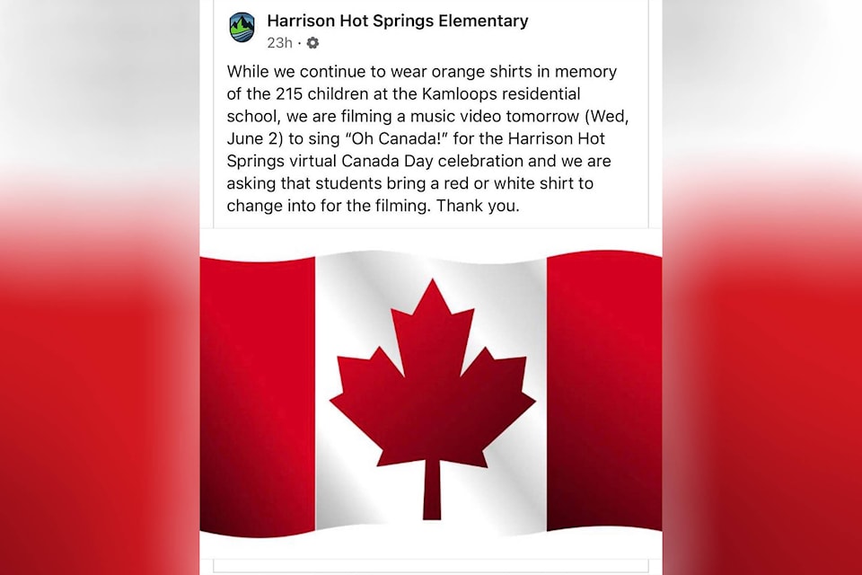 A deleted June 1 post of Harrison Hot Springs Elementary’s plans to film an ‘O Canada’ music video for the village’s virtual Canada Day celebration. School officials have since apologized and canceled the event. (Facebook/Harrison Hot Springs Elementary)