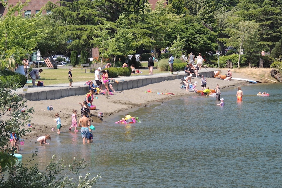 A few weekday beachgoers took advantage of a little bit of beach along Harrison Lake. The lake levels were very high, creating a shortage of sandy spots and flooding concerns in Harrison Hot Springs. (Adam Louis/Observer)