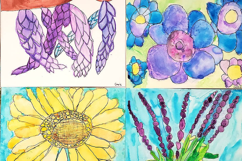 Some of the floral watercolour paintings created by Debbie Mar’s Grade 3 students at Upper Sumas Elementary. (Submitted photo)