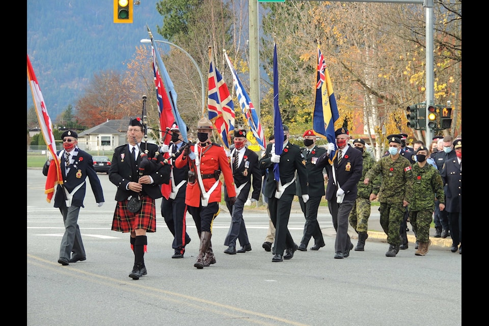The Remembrance Day ceremonies in Agassiz began with a march from the local Royal Canadian Legion branch to the townsite’s cenotaph on a sunny Thursday morning. (Adam Louis/Observer)