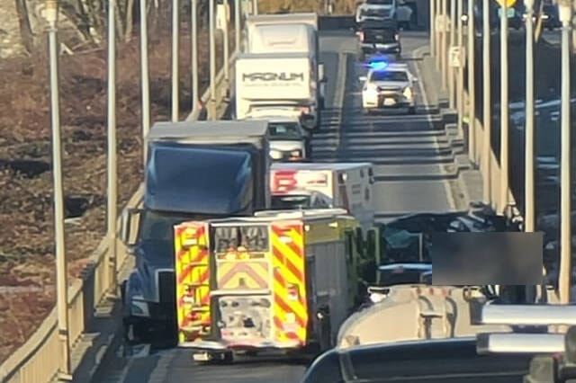 Emergency crews rush to the scene of a multi-vehicle crash on the Agassiz-Rosedale Bridge that closed the bridge for several hours. (Contributed Photo/Facebook)