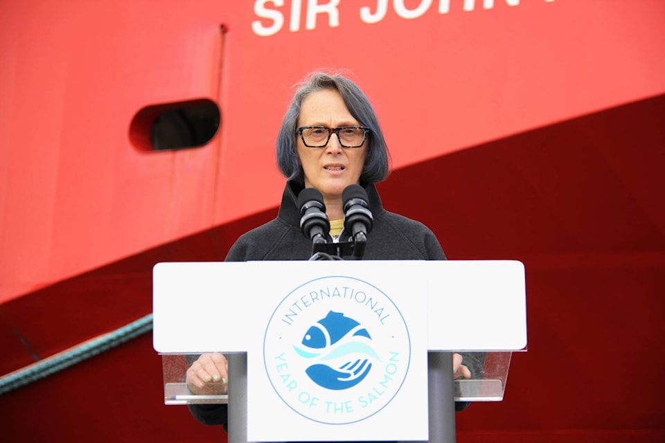 Department of Fisheries and Oceans Canada scientist Jackie King describes her experiences researching the impact of climate change on pacific salmon. (Jane Skrypnek/News Staff)