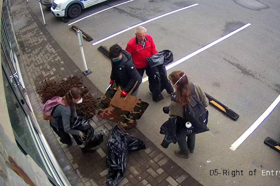 West Shore RCMP released photos, taken from seucrity camera footage, of the suspects who dumped the manure outside the premier’s Langford office. (Courtesy of West Shore RCMP)