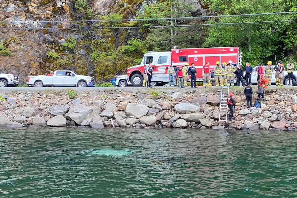 Emergency crews rushed Rockwell Drive after a vehicle ran off the road and into Harrison Lake. The driver is recovering in hospital, Agassiz RCMP confirmed. (Contributed Photo/KHSAR)