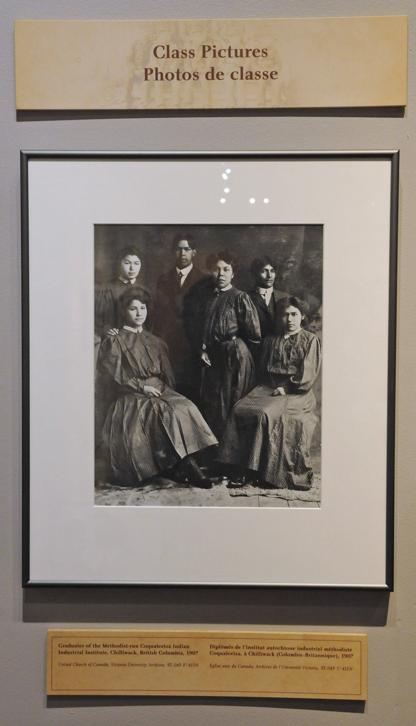 A travelling exhibition called Where are the Children? Healing the Impacts of the Residential Schools is on display at the Chilliwack Museum until Oct. 15. Pictured here is a group portrait of graduates of the Coqualeetza Indian Industrial Institute (also known as Coqualeetza Indian Residential School) in Chilliwack. (Jenna Hauck/ Chilliwack Progress)
