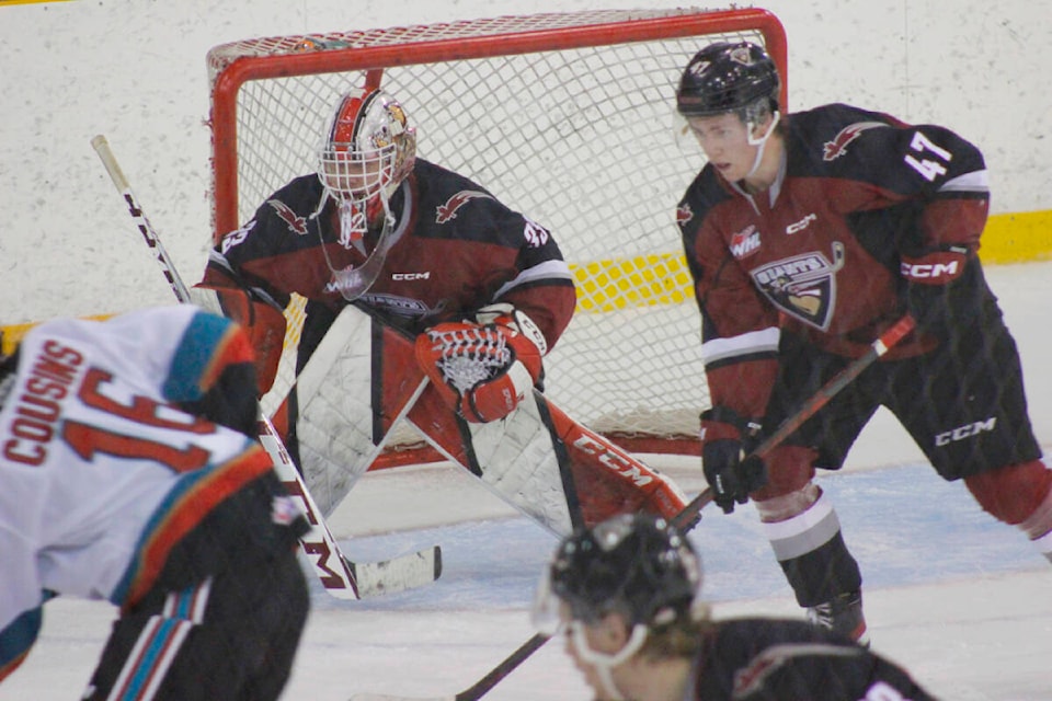 The Vancouver Giants goalie Brett Mirwald managed to save 38 of the 40 shots he faced against the Kelowna Rockets, leading to him being named the first star of the game. (Brandon Tucker/The News)