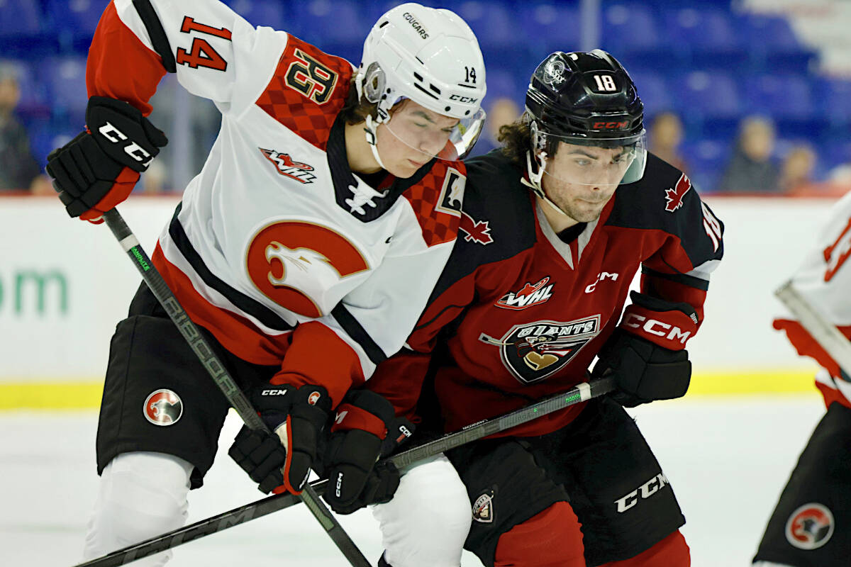 Giants opened the scoring for the second time this season but dropped a shootout to their division rival the Prince George Cougars before a hometown audience at Langley Events centre on Friday night, Oct. 7. (Rob Wilton/Special to Langley Advance Times)