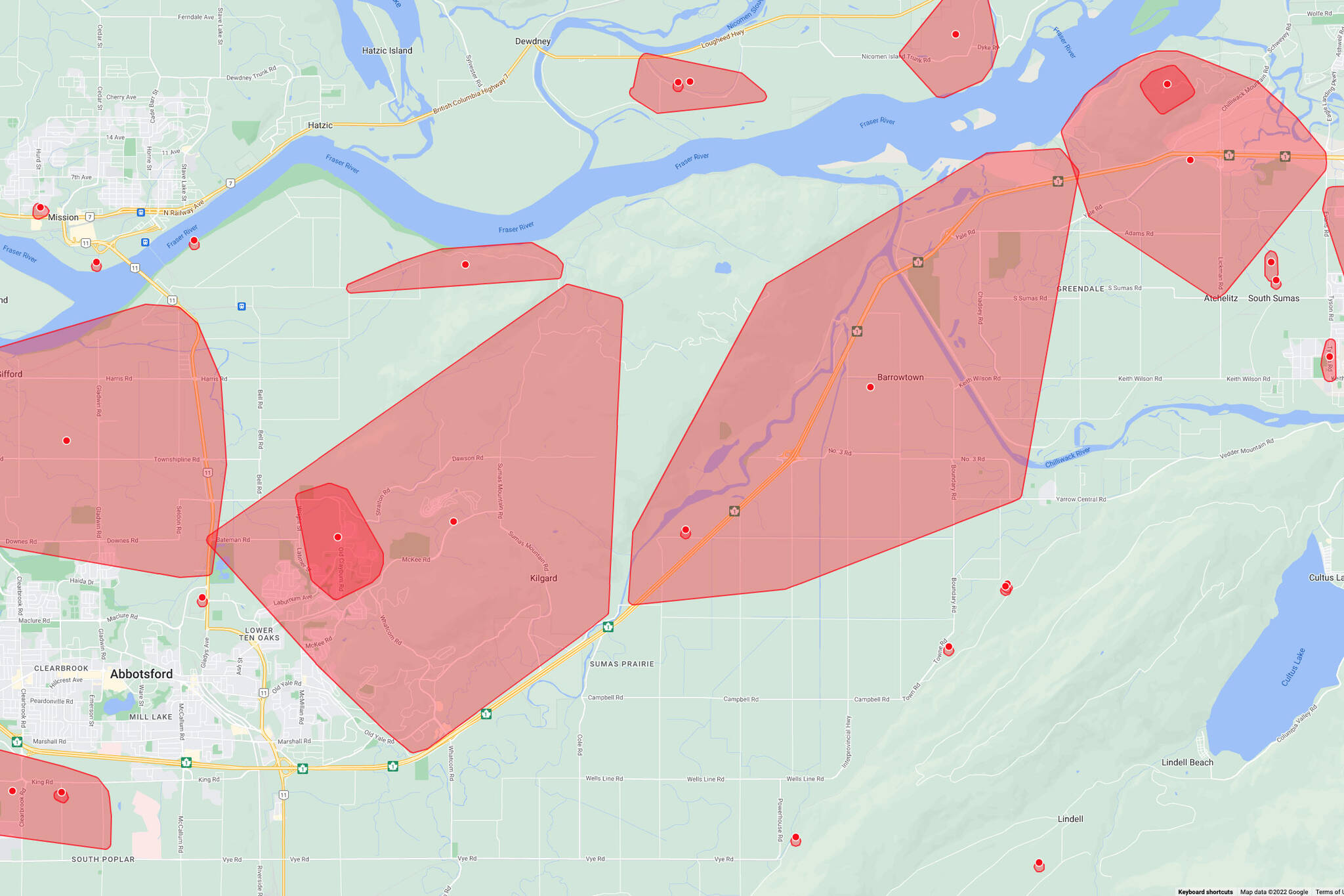 Some of the many power outages in the Eastern Fraser Valley as pictured on a BC Hydro map as of 8:45 a.m. Saturday, Nov. 5, 2022. (BC Hydro)