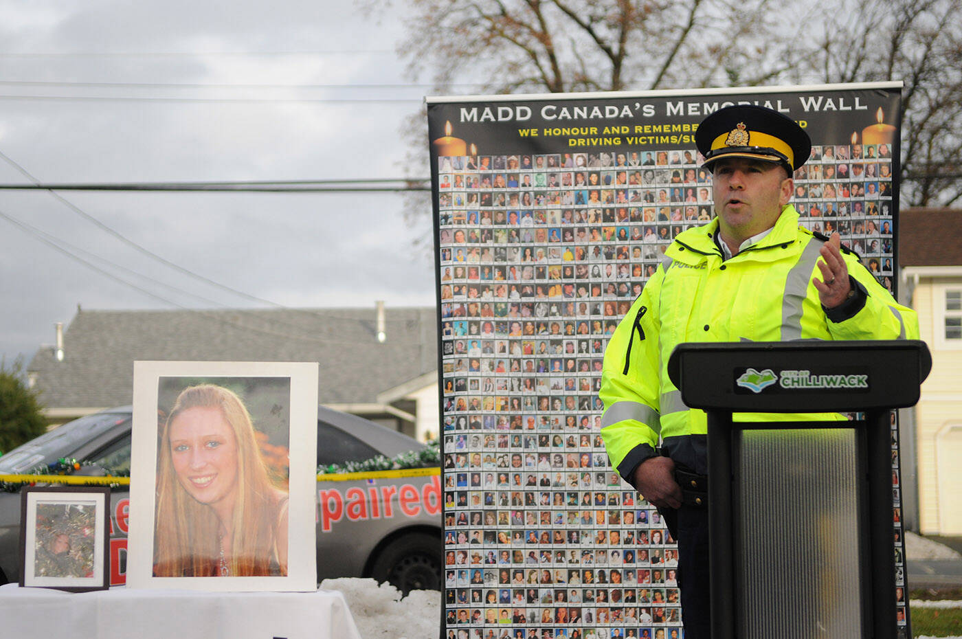 RCMP Insp. Brian Donaldson speaks during the launch for MADDs six-week impaired driving campaign on Friday, Dec. 9, 2022 at Sardis Secondary School in Chilliwack. (Jenna Hauck/ Chilliwack Progress)