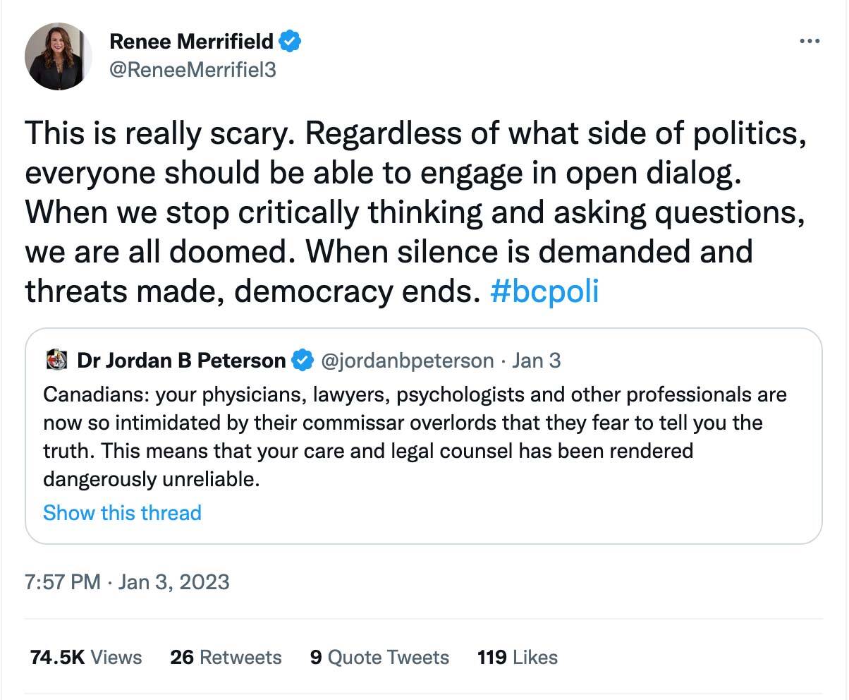 Liberal MLA Renee Merrifield is under fire for quote tweeting a post from Jordan Peterson, who is well known for spreading transphobic rhetoric. (Screenshot/Twitter)