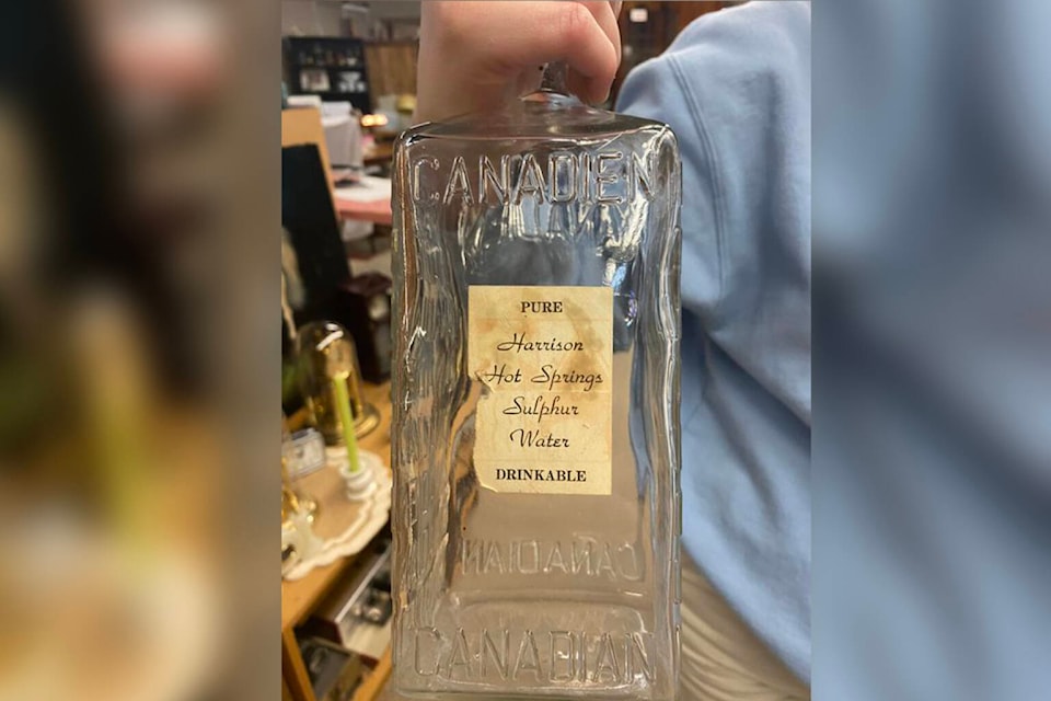 A thrift store treasure hunter came across this bottle of Harrison Hot Springs Sulphur Water at a thrift store. The bottle likely dates back to the days of the St. Alice Hotel, which existed between 1886 and 1920. (Photo/Life in Agassiz)