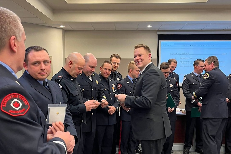 Mission-Matsqui-Fraser Canyon MP Brad Vis presents commendations to members of the Agassiz Fire Department during the Monday (Feb. 27) meeting of the District of Kent Council. (Photo/Brad Vis)