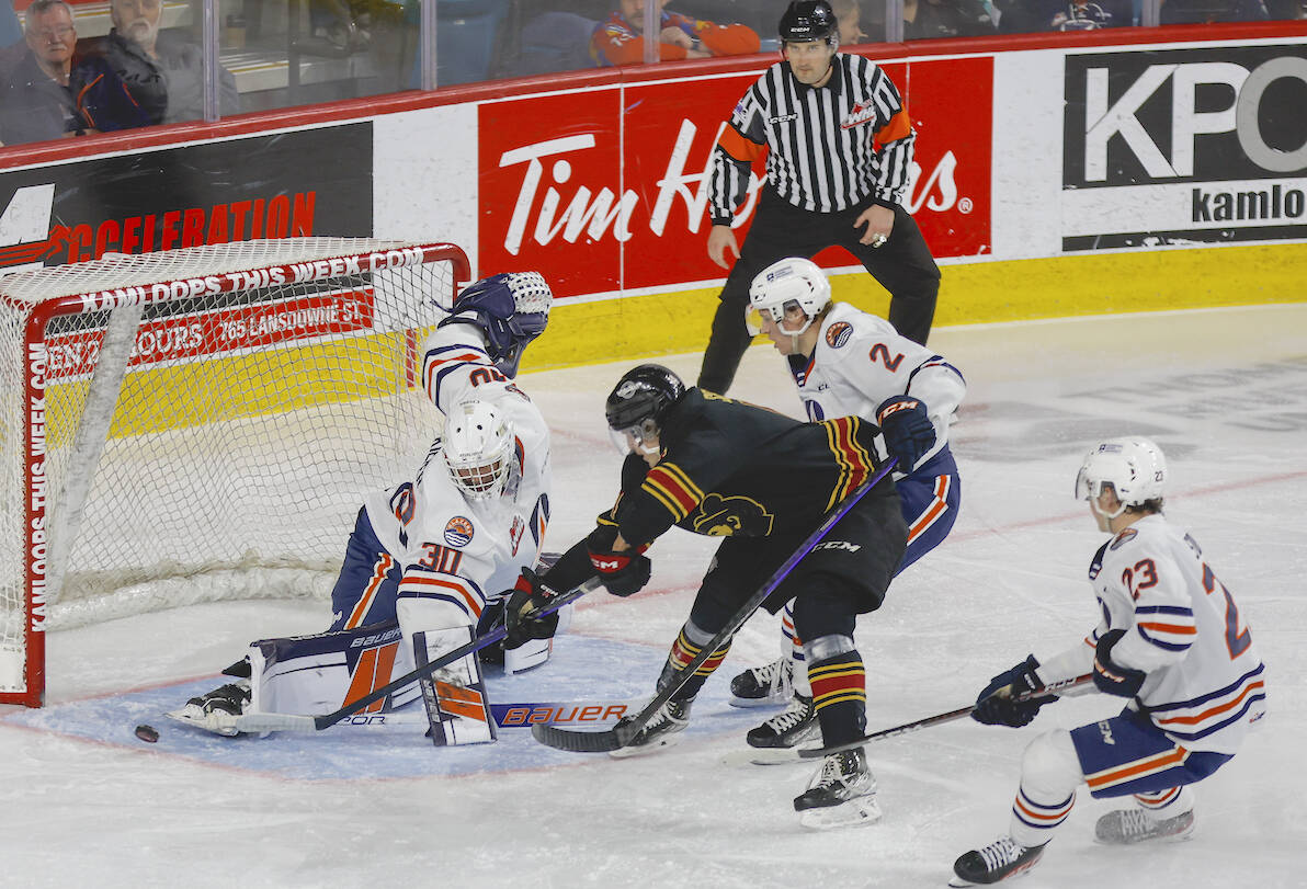 Vancouver Giants netminder Jesper Vikman stopped 38 shots, but his teammates couldnt get past his Kamloops Blazers counterpart Matthew Kieper Saturday night, March 11, at the Sandman Centre, as the B.C. Division leaders overwhelmed Vancouver 6-0. (Allen Douglas/Special to Langley Advance Times)