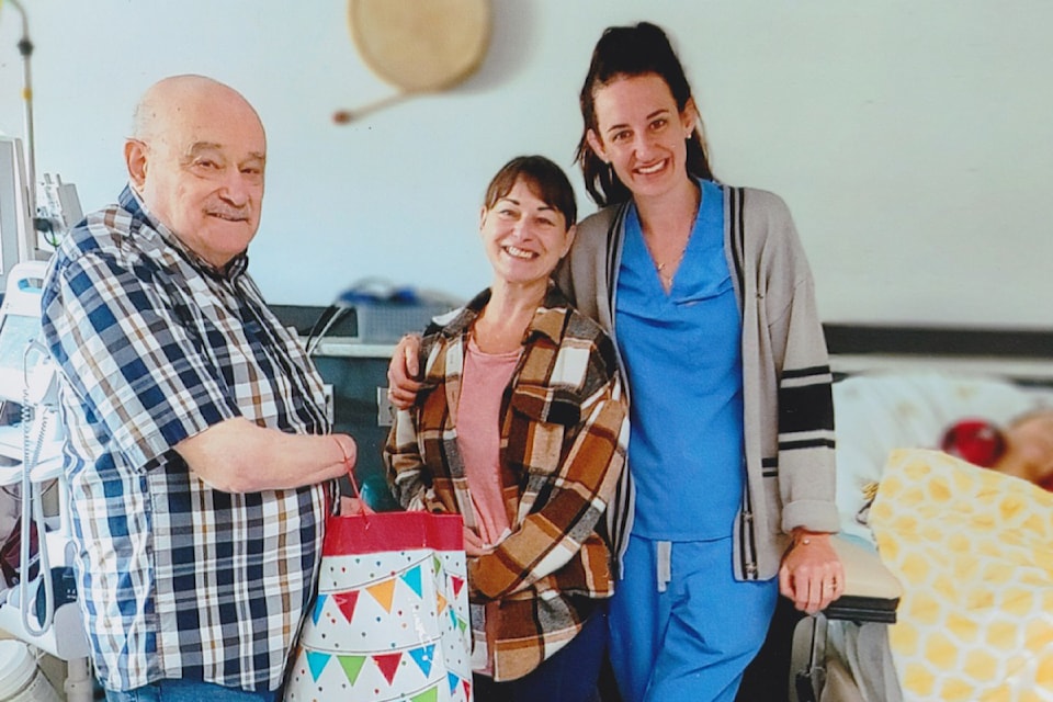 Mid-Island Kidney Association (MIKA) member Ed Martin chats with kidney support worker Shelley McCormick and dialysis nurse Hailey Stewart. 