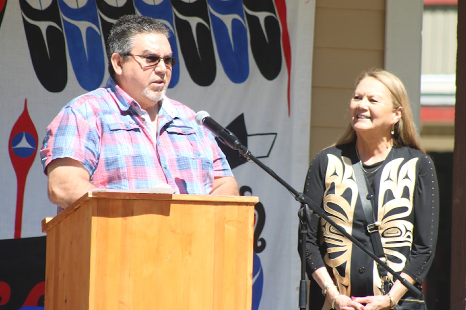 Nuu-chah-nulth Tribal Council vice president Les Doiron speaks while Vina Robinson, special projects coordinator for Kackaamin Family Development, watches on.