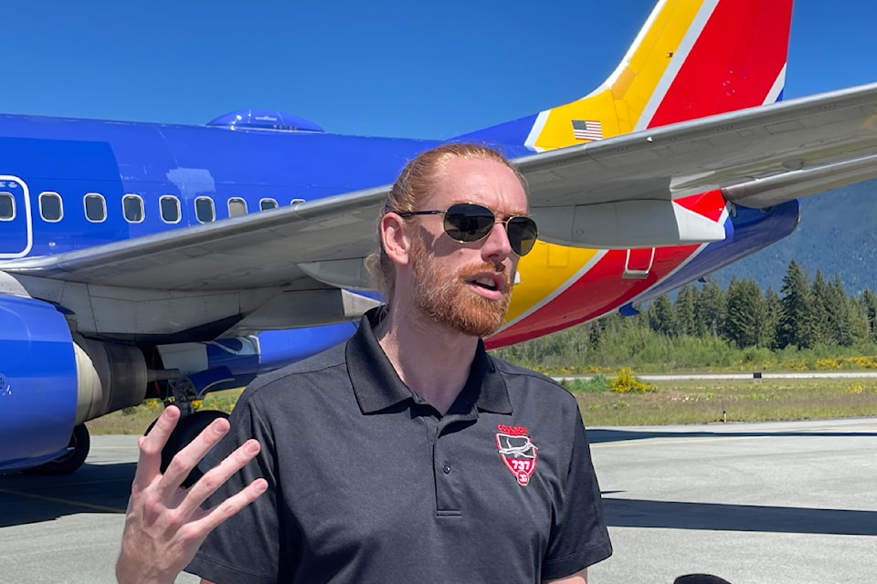 Britt Coulson, president and COO of Coulson Aviation, speaks about the company's future in aerial firefighting after taking possession of a Boeing 737-700 airliner, still sporting Southwest Airlines colours.