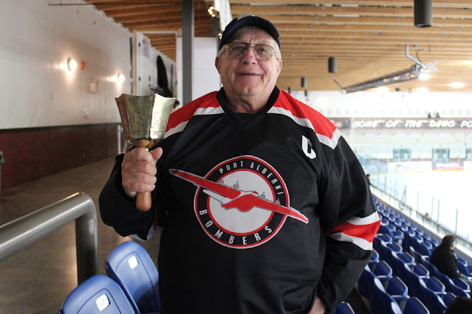 Robert Verbrugge, an ardent fan of the Port Alberni Bombers, definitely brings more cowbell to the games to cheer on grandson Kai Verbrugge. 