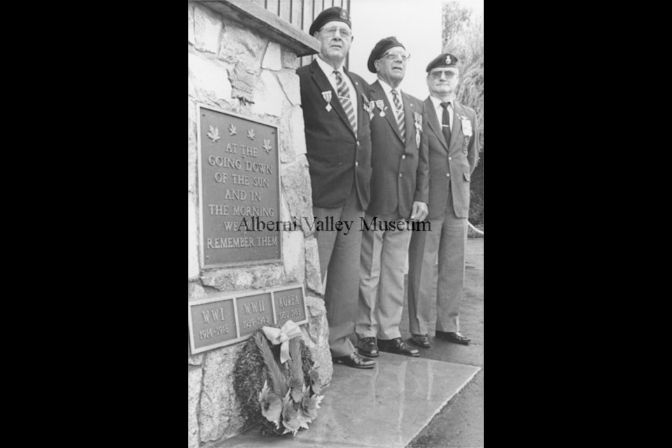 Lifetime members of the Royal Canadian Legion and Second World War veterans George Anderson, left, Oscar Inglin and Korean War veteran Dave Cyr participate in the rededication ceremony for the new cenotaph on June 25, 1989. 