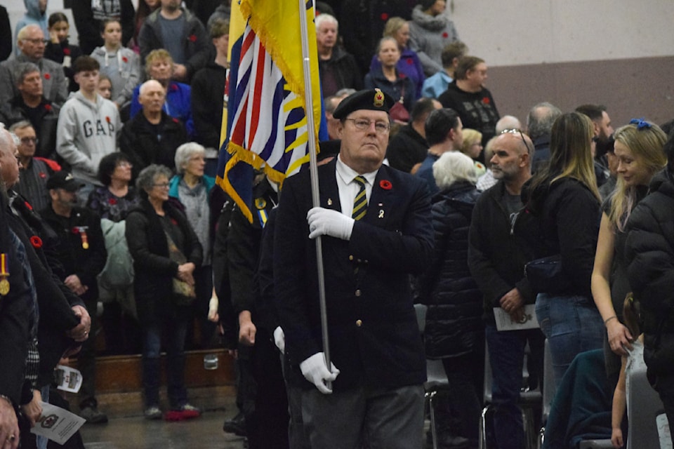 The Royal Canadian Legion Br. 293 Colour Party leads the way to the cenotaph during Port Alberni's Remembrance Day ceremony at the Glenwood Centre.