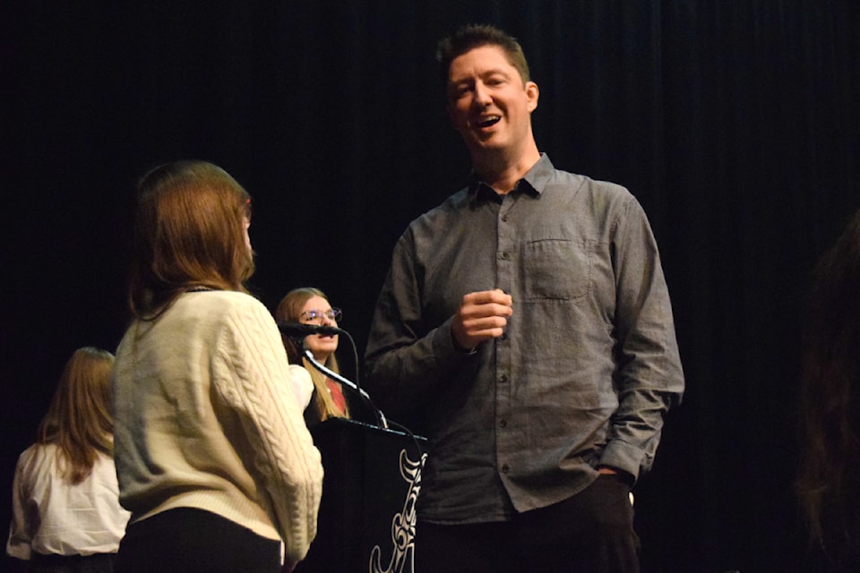 B.C. Conservatives candidate Adam Hayduk talks to students at ADSS after an all candidates meeting.