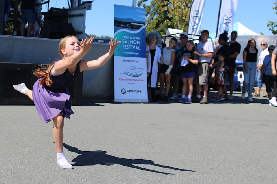 Meiah Downton, 11, performs an original dance in the first ever Alberni's Got Talent competition at the 2024 Port Alberni Salmon Festival, Saturday, Aug. 31, 2024. 