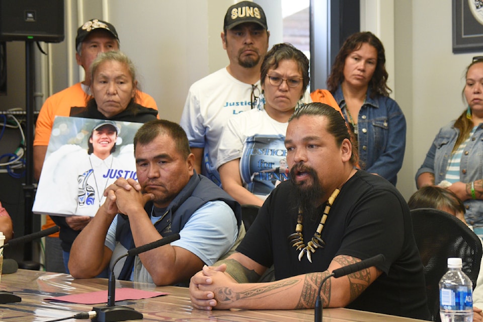 Ahousaht Elected Chief Councillor Naasathuluk (John Rampanen), bottom right, surrounded by Ahousaht members who lost a young man recently, speaks about the far-reaching impact of the toxic drug crisis, Thurday, Sept. 19, 2024 at the Nuu-chah-nulth Tribal Council office in Port Alberni. 