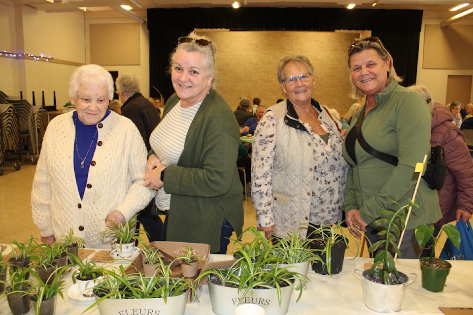 The Sunshine Club gardeners had plants for sale at the Sunshine Club's fundraiser and these ladies from left to right enjoyed checking them out: Elaine Hamon, Karen Newman, Barb Nikata and Cheryl Howitt.  (SONJA DRINKWATER/ Alberni Valley News)