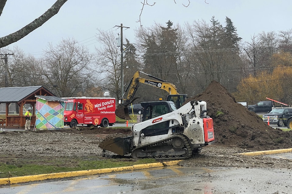 Crews and equipment from Warbrick Contracting start site preparation for an expansion to the Clutesi Haven Marina food truck area, Feb. 19, 2025. 