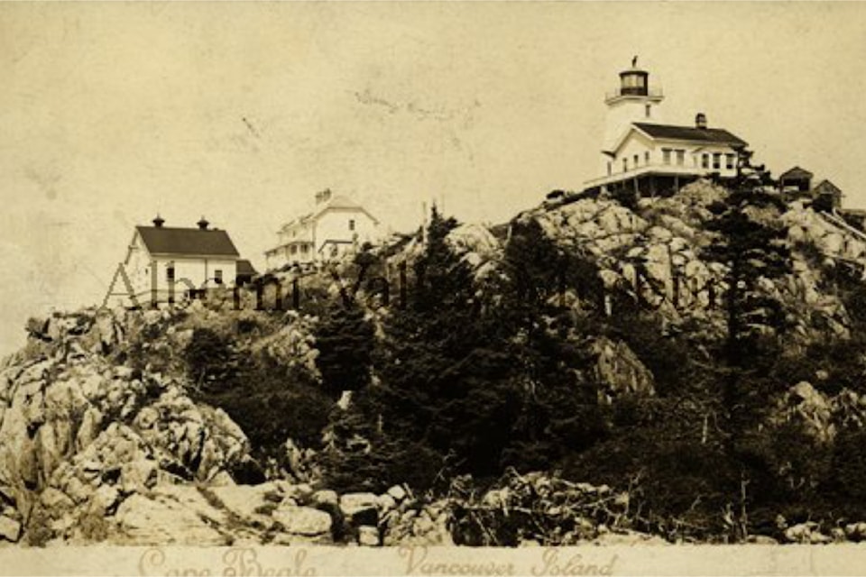 The original Cape Beale Lighthouse and Keepers Residence, built in 1874 off the West Coast of Vancouver Island, was the first lighthouse established on the west coast of the Island and the third in British Columbia. This image was captured by Wright Porritt, a renowned B.C. Postcard photographer from the turn of the 20th century. Porritt's photography is featured in many of the 24,000 photos included in the AV Museum's online digital archives, accessible at https://portalberni. pastperfectonline.com.  (PHOTO PN00813 COURTESY ALBERNI VALLEY MUSEUM)