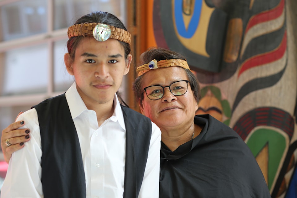 Both C.J. George and his mother Sheila Mickey celebrate completing Grade 12 studies, June 7, 2025 at Alberni District Secondary School. The ceremony was hosted by Nuu-chah-nulth Tribal Council at the ADSS Theatre and comprised 75 graduates. (ERIC PLUMMER, HA-SHILTH-SA PHOTO)
