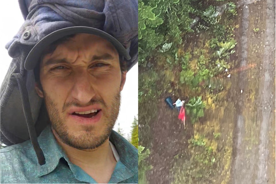 Hiker Dallin Beaumier, is pictured left from a video he shot while hiking back to the Della Falls trailhead after his car broke down; and an aerial shot from the search and rescue helicopter of some of Beaumier's gear spotted beside a logging road. (SCREENSHOTS),