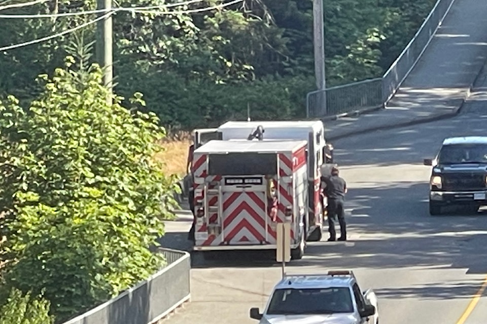 A firetruck from Port Alberni Fire Department stages in the 10th Avenue "dip" by Dry Creek Park on Friday, July 18, 2025 as fire crews find the best way to attack a wildfire deep inside the park. (SUSIE QUINN/ Alberni Valley News)
