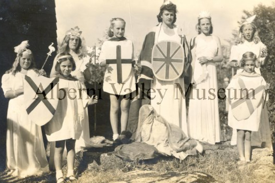 A group of Girl Guides in costume pose for a photo circa 1945. They are identified as Betty Brevick, Lillian Webb, Diana Baxendale, Valentine Hughes, Lillian McCoemick, Margaret Wishart, Barbara Harlock, Shirley Salmon and Heather Wishart. To view more than 24,000 historical Port Alberni photos, visit the Alberni Valley Museum’s online photo archives at portalberni.pastperfectonline.com.(PHOTO PN16432 COURTESY ALBERNI VALLEY MUSEUM)