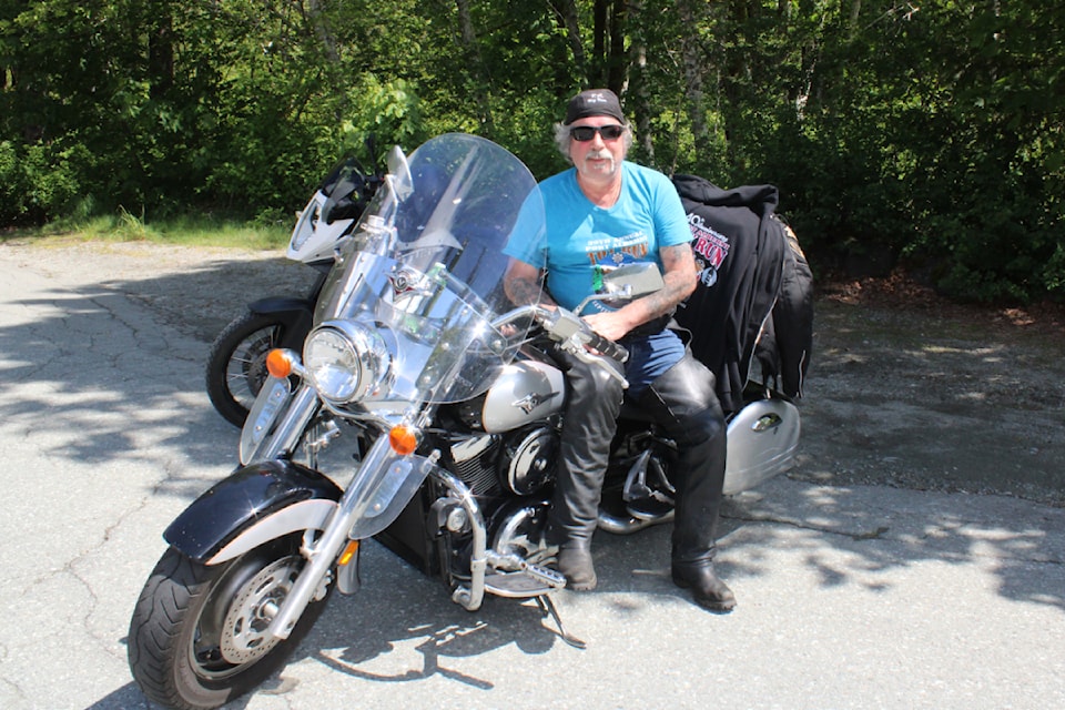 Terry Dubois, a director with the Port Alberni Toy Run participates in the fourth annual Riff-Raff Ride on May 18, 2025. (SONJA DRINKWATER/ Alberni Valley News) 