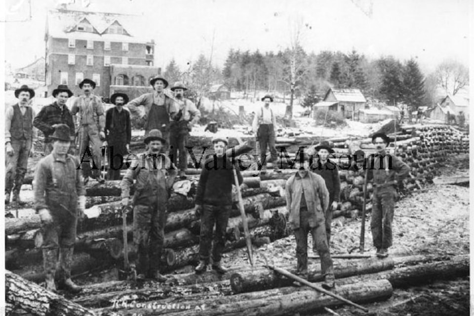 A construction crew prepares the site for the E&N train station at the bottom of Argyle Street, with the old Somass Hotel in the background. Photo circa 1911. To view more than 24,000 historical Port Alberni photos, visit the Alberni Valley Museum’s online photo archives at portalberni.pastperfectonline.com.(PHOTO PN00156 COURTESY ALBERNI VALLEY MUSEUM)
