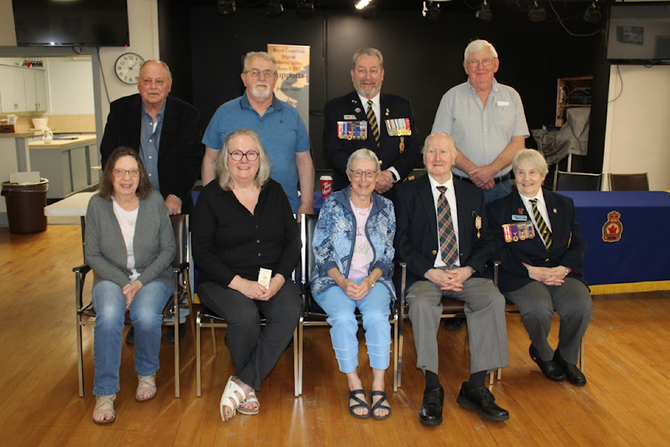 Royal Canadian Legion Br. 293 honours and awards recipients back row from left to right: Don Diemert, Joe Pyrczak, Tim Murphy and Richard Eastman, seated from left to right are Helen Helm, Shannon Doré, Gail Bridge, John McDowall and Margaret Groeneveld. (SONJA DRINKWATER/ Alberni Valley News)