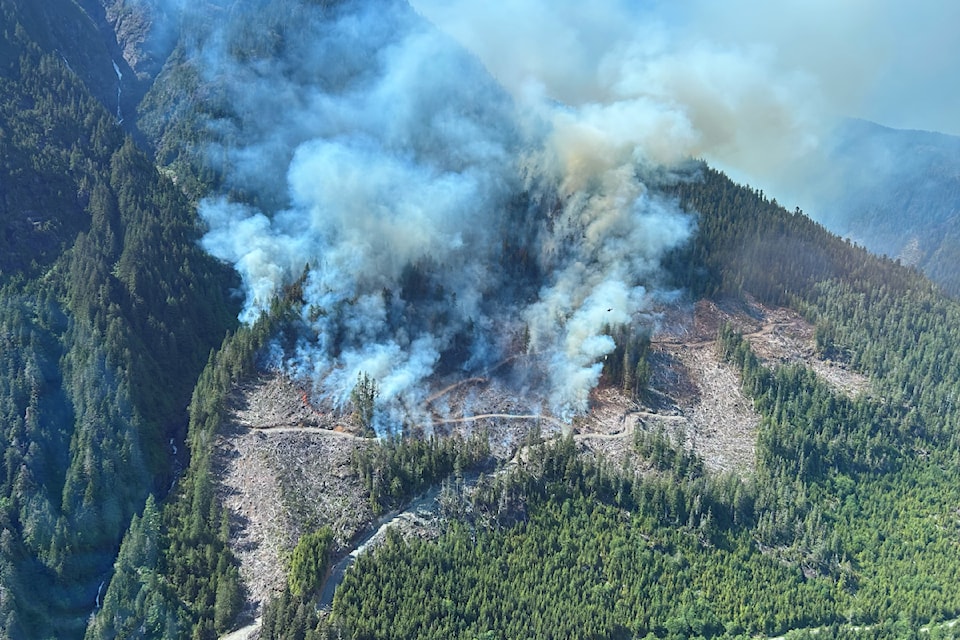 A fire near the base of Nahmint Mountain, southwest of Port Alberni and Sproat Lake on Vancouver Island, was first dfiscovered on Sunday, June 8, 2025. The fire grew overnight to more than 23 hectares and as of June 9 was still considered out of control by the B.C. Wildfire Service. (BCWS PHOTO)