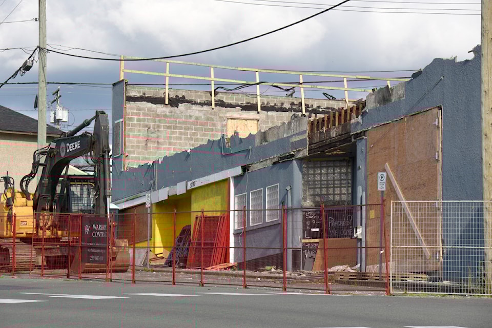 Warbrick Construction continues to demolish the former Port Pub building on lower Argyle Street, seen at the end of the day on June 23, 2025. (SUSIE QUINN/ Alberni Valley News)
