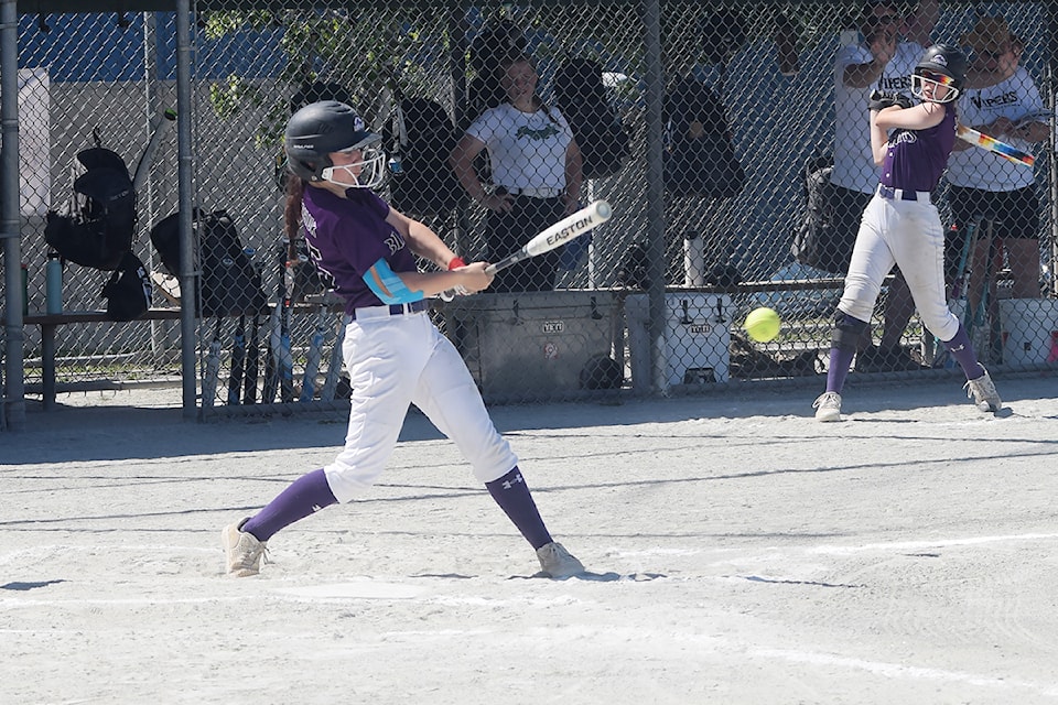 A batter with the Alberni Valley Blazers hits a foul ball during a game against the View Royal
Vipers on Saturday, June 7, 2025.