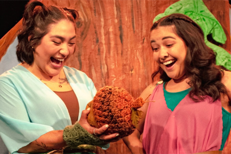 Dawn and Violet act out a scene from The Great Bloom, a stage production that is coming to Port Alberni in April 2025. 