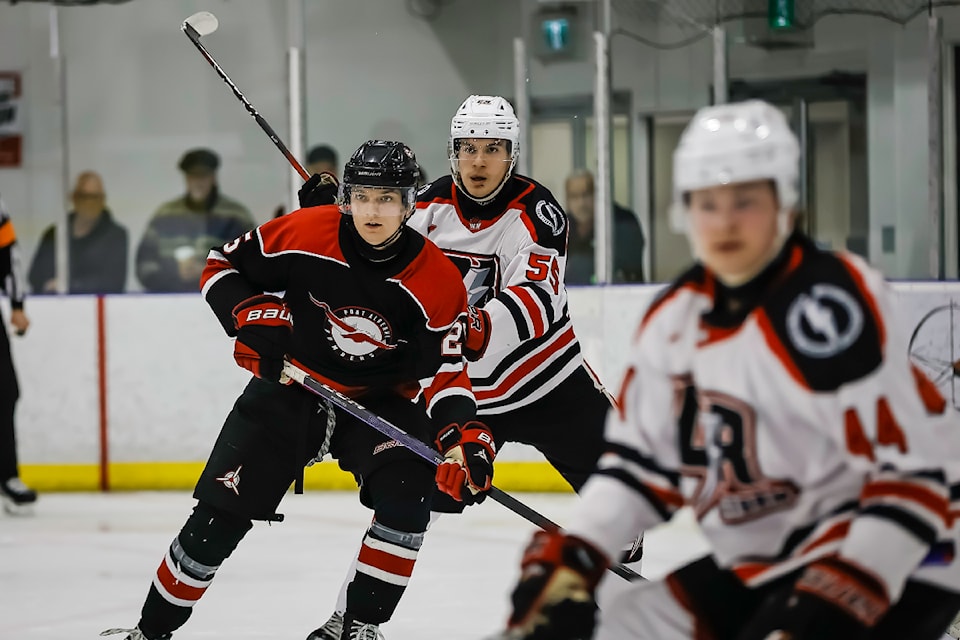 Port Alberni Bomber Jack Barrett gets the jump on Campbell River Storm Ludovick Filion during Game 5 of the VIJHL North Division final at Rod Brind'Amour Arena on Tuesday, March 18, 2025. 