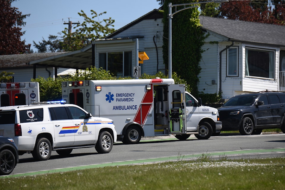 Two ambulances and several RCMP cruisers respond to reports of a pedestrian struck at the intersection of 10th Avenue and Dunbar Street on Thursday, May 1, 2025. At least one person was taken by ambulance to West Coast General Hospital for assessment. A cyclist was seriously injured in a collision in the same intersection on April 10, 2025. (SUSIE QUINN/ Alberni Valley News)